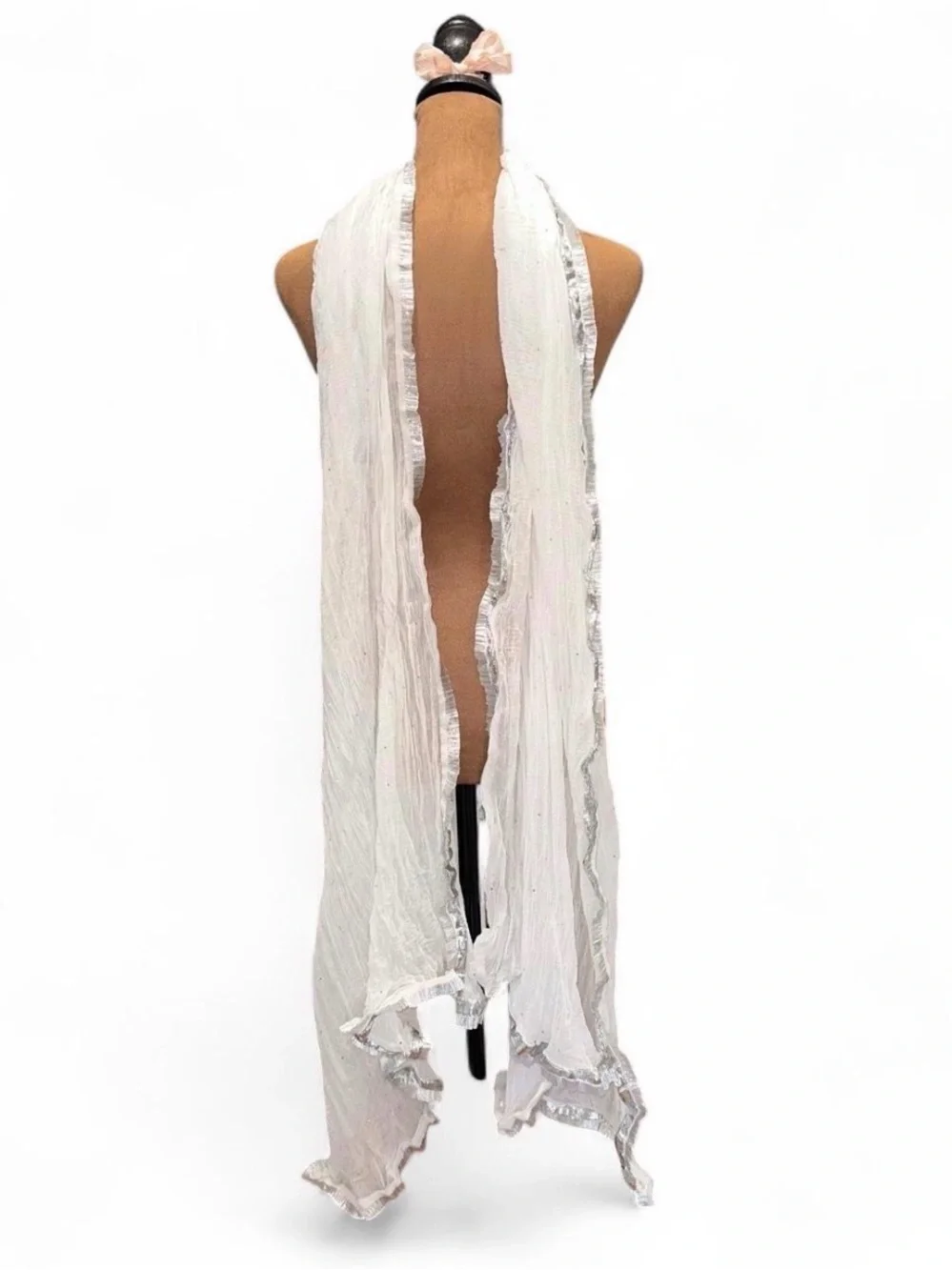 Elegant White Crinkle Scarf with Silver Trim